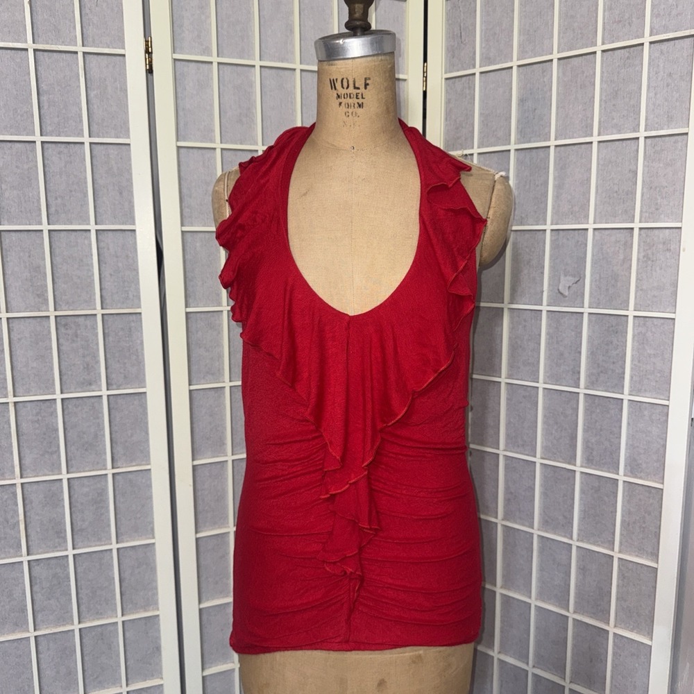 Vintage 90s Y2K Cache Babydoll Stretch Festival Deadstock Ruffle Halter Top Lg